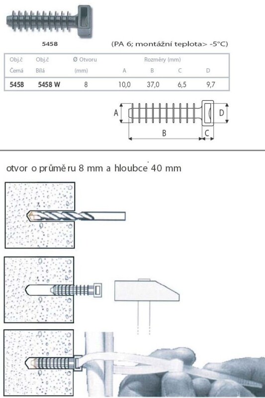 Hmoždinka zatláčacia pre sťahovacie pásky 5458E 8x43mm (cena 100ks/bal.)